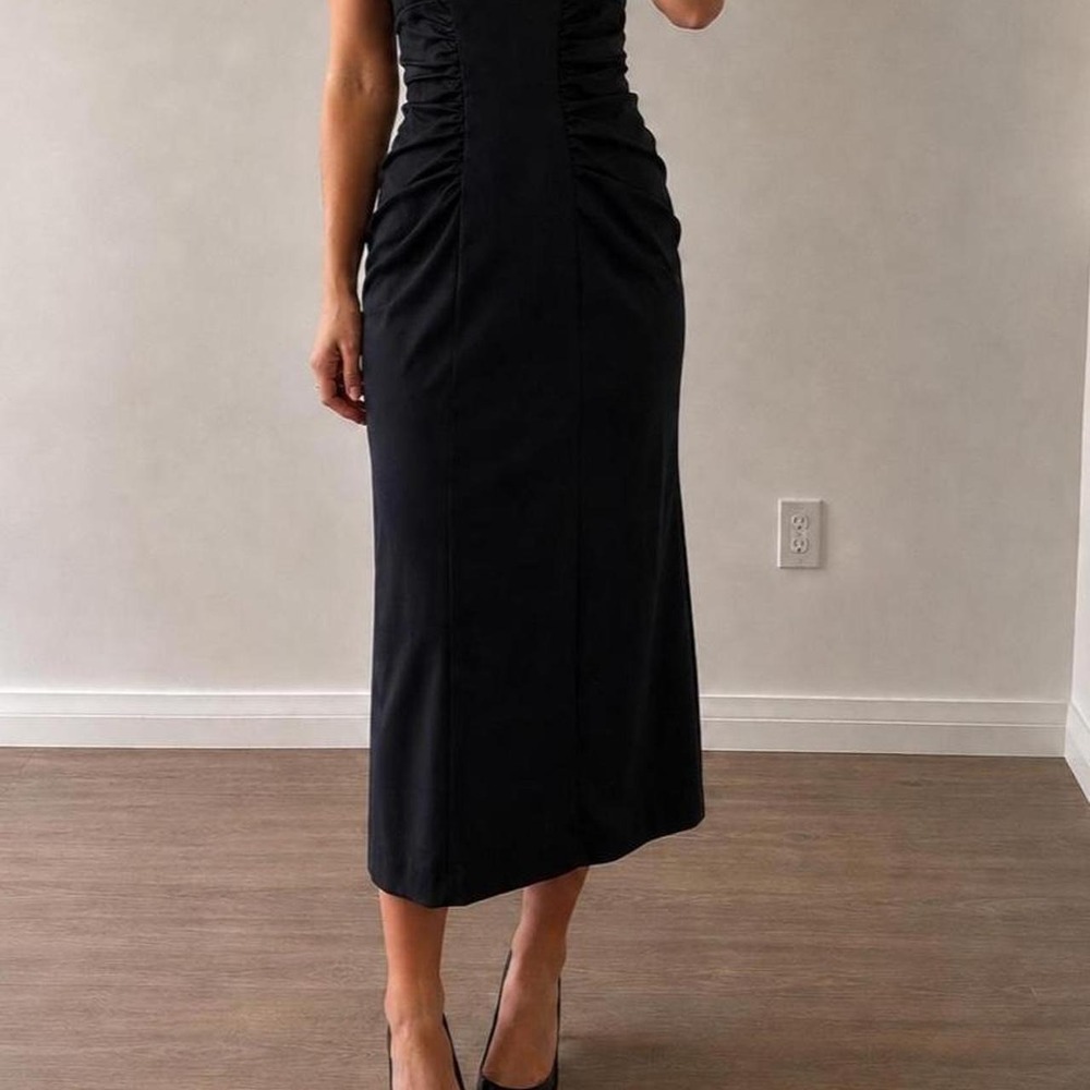 Vintage Black Midi Bodycon Dress‎ Pleated Bust Minimalist Old Money Women 6
